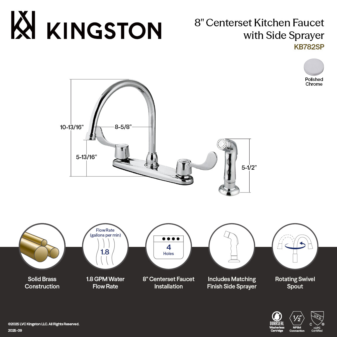 Kingston Tulare KB782SP - Vista Two-Handle 4-Hole 8" Centerset Kitchen Faucet with Side Sprayer, Polished Chrome — thumbnail 2
